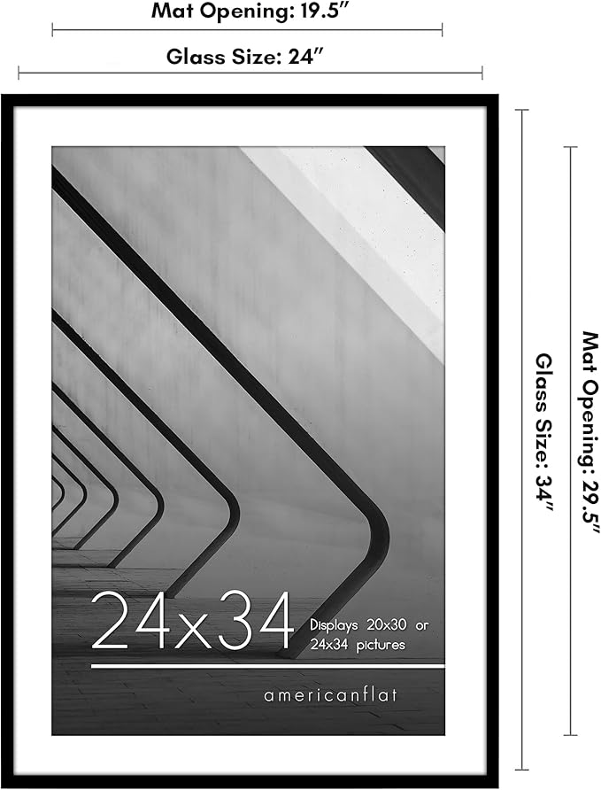 Americanflat 24x34 Poster Frame with Polished Plexiglass - Use as 20x30 Frame with Mat or Display 24x34 Photo Without Mat - Streamline Collection - Thin Border Picture Frames for Wall - Black