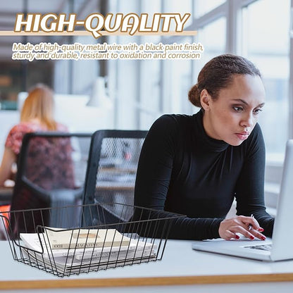 Yeaqee 3 Pcs Letter Tray Wire Paper Trays Stackable File Desk Organizer Metal File Paper Holder Basket for Desk Desktop Letter Storage for Office Home Classroom School (Black,14'' X 10'' X 3'')