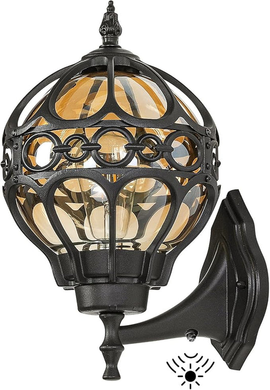 Dusk to Dawn Outdoor Lighting, Black Porch Wall Lights, Black Globe Aluminum Exterior House Lantern Wall Mount with Amber Glass, Anti-Rust Waterproof Outside Light Fixtures for Patio Doorway Garage