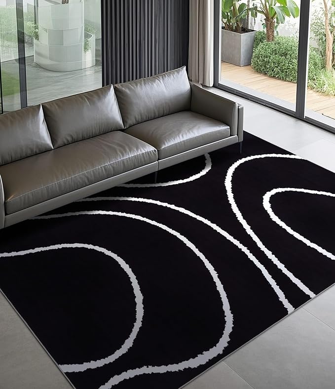 YIHOUSE Black Modern Area Rug 5x7,Abstract Rugs for Bedroom,Black and White Geometric Rug,Minimalist Wave Rug,Dark Washable Area Rugs 5x7 Non Slip Throw Rugs for Bedroom，Office