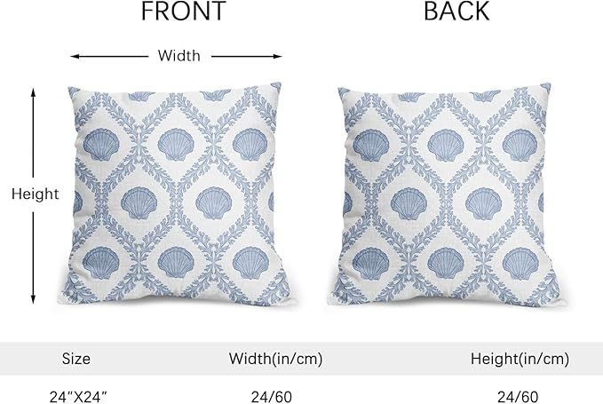 Light Blue Coastal Pillow Covers 24x24 Set of 2 Ocean Coral Shell Pattern Outdoor Decorative Linen Summer Throw Pillows Cases with Zipper Cushion Cover Rustic Decoration Farmhouse Sofa Couch Bed Decor