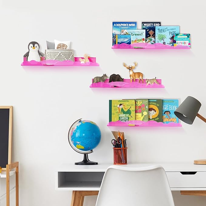 Rainbow Acrylic Floating Shelves, 15in Kids Wall Mounted Nursery Bookshelves, Display Ledge for Books Toys Cosmetic Storage, Bathroom Bedroom Living Room Wall Organizer, 4 Pack, Pink