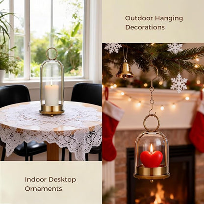 5"&4" Hurricane Glass Candle Holders, Hanging Brass Metal Candle Holder for Pillar Candles Table Coffee Table Decor Interior Decoration