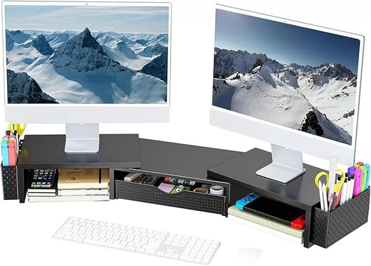 Spacrea Metal Desk Organizers and Accessories, Dual Monitor Stand Riser with Drawer and 2 Pen Holders, Desk Accessories & Workspace Desktop Organizers for Office Supplies (Black)