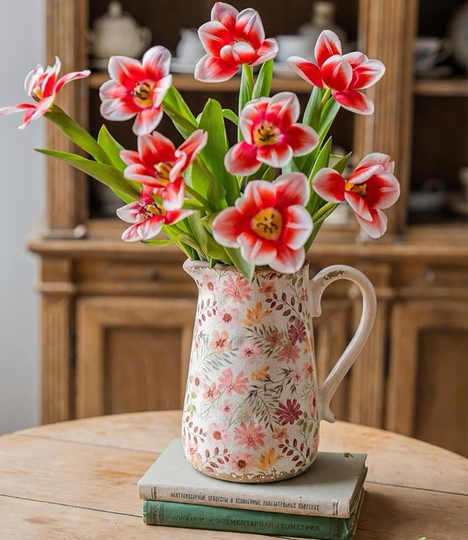 Vintage Colorful Daisy Flora Ceramic Vase with Handle, Retro Ice Glazed Crack Farmhouse Pitcher Vase for Home Decor, Living Room, Shelf, Office, Rustic Table Centerpiece 7 Inch