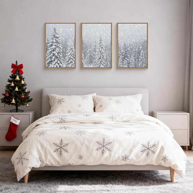 Winter Snow Covered Forest Framed Canvas Wall Art Set,Snowy Woodland Wall Decor,Wilderness Pine Tree Art Prints,Natural Botanical Landscape Artwork for Living Room, Bedroom,Farmhouse- 16"x24"x3