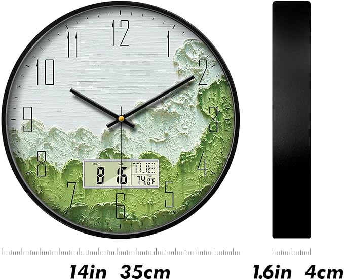 Modern Wall Clock with Temperature Green Forest Large Display Non-Ticking Battery Operated Clock with Date and Week for Kitchen Bedroom Living Room Farmhouse Decor 14 Inch
