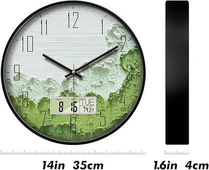Modern Wall Clock with Temperature Green Forest Large Display Non-Ticking Battery Operated Clock with Date and Week for Kitchen Bedroom Living Room Farmhouse Decor 14 Inch