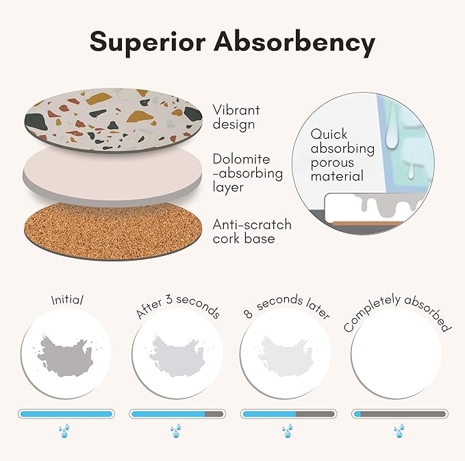 Terrazzo Drink Absorbent Coasters with Holder Set of 6, Ceramic Coaster for Drinks, Coffee Table Decor, Water Absorbing Stone Coaster for Drinks (Sunset)