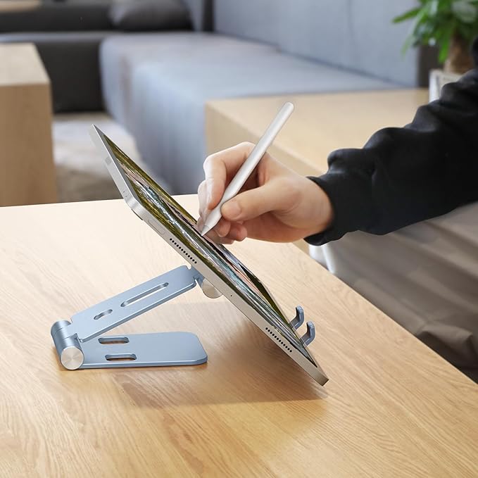 OMOTON Foldable Cell Phone Stand, C4 Portable Aluminum Phone Holder, Adjustable Phone Dock Cradle Compatible with iPhone 17/16/15 Pro Max Air, Samsung Galaxy, Small Tablets, Smart Phones, Light Blue