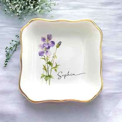 Personalized Birth Flower Ring Dish, Custom Floral Name Jewelry Dish, Trinket Tray for Women Bridesmaid Friends Sisters Fiance Bestie Gift For Birthday, Wedding, Engagement