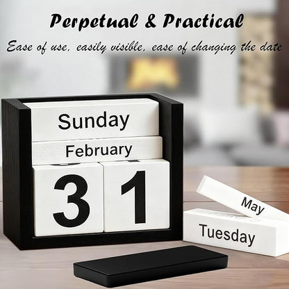 Black Perpetual Calendar Wooden Block Desk Decor Calendar - Black and White Office Desktop Accessories for Men Modern Farmhouse Teacher Classroom - Reusable & Aesthetic