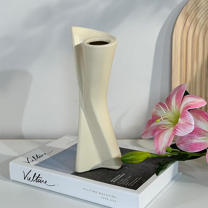 Twisted Ceramic Vase - 9" White Modern Sculptural Vase, Geometric Flower Holder for Table, Shelf & Mantel - Minimalist Home Decor