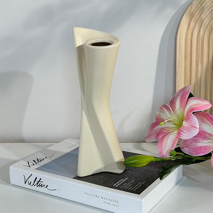 Twisted Ceramic Vase - 9" White Modern Sculptural Vase, Geometric Flower Holder for Table, Shelf & Mantel - Minimalist Home Decor