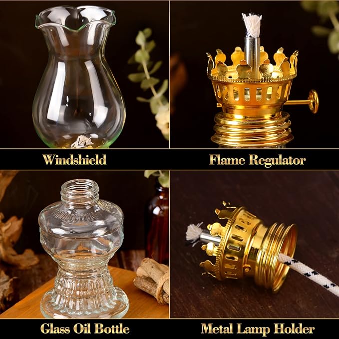 6 Pcs Oil Lamp Vintage Glass Kerosene Lamp for Indoor Use Rustic Decorative Glass Hurricane Lantern with Wick for Home Tabletop Decor Emergency Lighting, 6 Style(Gold)