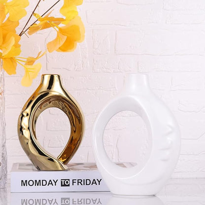 LCCCK White and Gold Ceramic Vases for Home Decor, Boho Vase for Flowers Pampas Grass Decorative, White Gold Hollow Donut Small Vase for Living Room Table Wedding Centerpiece Modern Vases