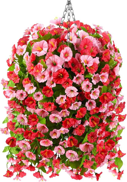 Homsunny Artificial Faux Hanging Flowers Plants Baskets for Outdoor Spring Summer Decorations,Resistant Fake Morning Glory Silk Plants for Outside UV Resistant Patio Yard Home Porch Decor(Rose red)