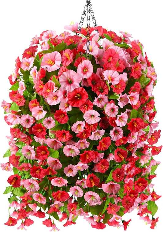 Homsunny Artificial Faux Hanging Flowers Plants Baskets for Outdoor Spring Summer Decorations,Resistant Fake Morning Glory Silk Plants for Outside UV Resistant Patio Yard Home Porch Decor(Rose red)
