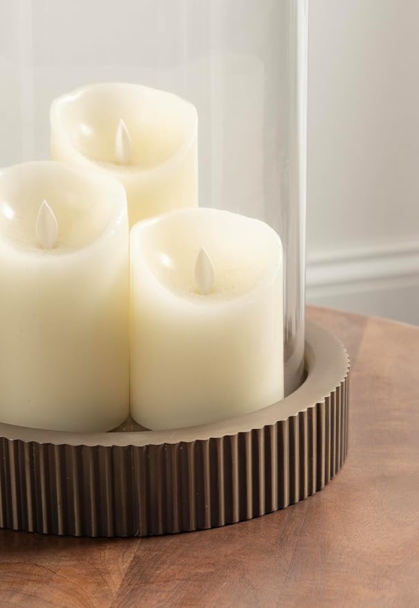 Kate and Laurel Rooks Modern Large Metal Pillar Candle Holder with Hurricane, 10 Inch Diameter, Antique Brass, Transitional Ribbed Oversized Hurricane Candle Holder with Glass Cylinder for Living Room