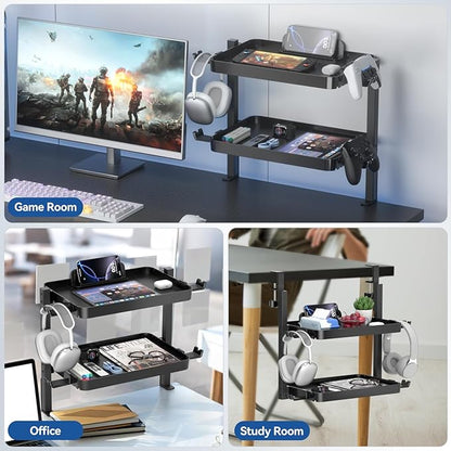 KDD Clamp On Desk Organizer - Adjustable 2-Tier Above or Under Desk Shelves with Large Capacity Tray, Phone & Tablet Holder, Headphone Hook - No Drilling Desktop Storage for Office & Home Accessories
