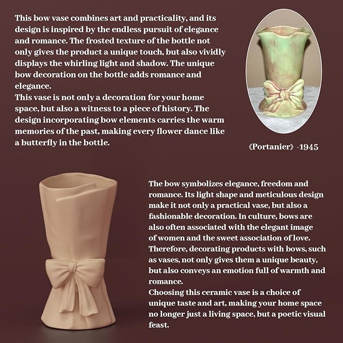 Beige Ceramic Bow Vase 9.64 in Unique Cute Modern Decorative Bouquet Flower Vases for Home Living Room Table Decor Women Girl Gifts