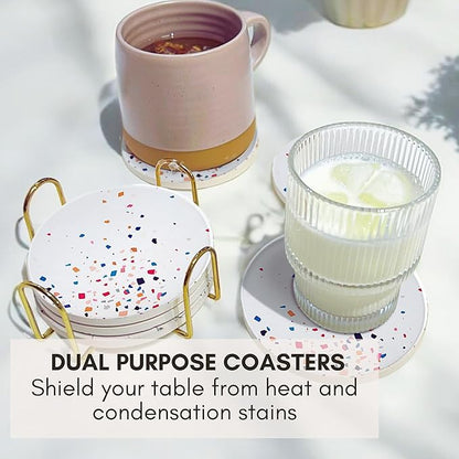 Terrazzo Drink Absorbent Coasters with Holder Set of 6, Ceramic Coaster for Drinks, Coffee Table Decor, Water Absorbing Stone Coaster for Drinks (Color Burst)