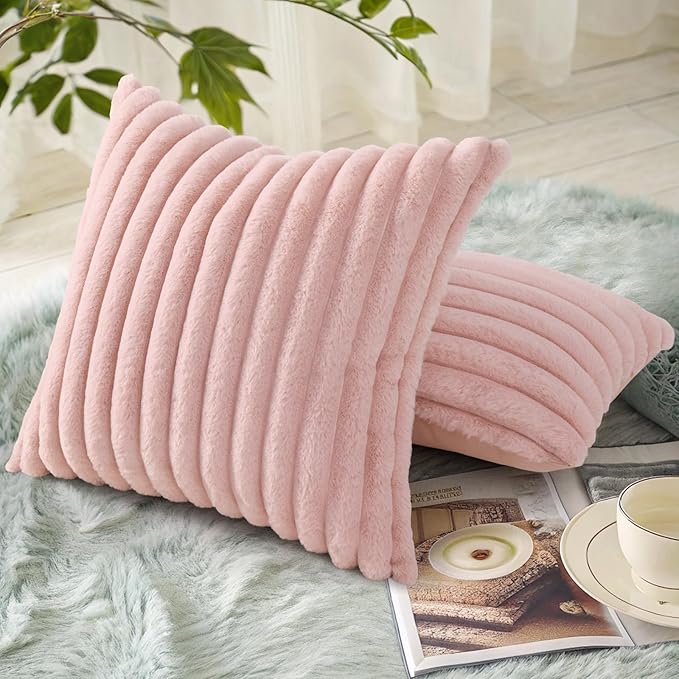 decorUhome Faux Fur Spring Throw Pillow Covers 26x26 Set of 2, Decorative Soft Plush Striped Neutral Couch Euro Sham Pillow Covers with Velvet Back for Sofa, Bed, Living Room Home, Pink
