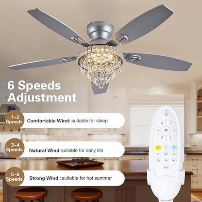 Crystal Ceiling Fan Fandelier with Lights-Ceiling Fans with Lights,50" Low Profile and Remote Control, Flush Mount, Reversible, Dimmable, Noiseless, Sliver Ceiling Fan for Bedroom