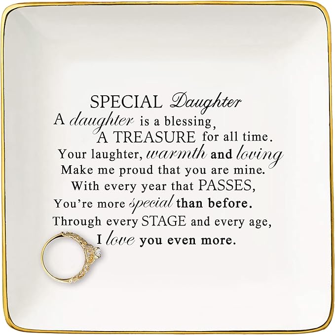 Topthink Special Daughter A Is Blessing – Ceramic Jewelry Holder Ring Dish Trinket Tray– Gifts from Mom Or Dad - Birthday Graduation Christmas for Bouns in Law