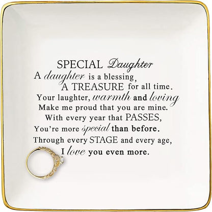 Topthink Special Daughter A Is Blessing – Ceramic Jewelry Holder Ring Dish Trinket Tray– Gifts from Mom Or Dad - Birthday Graduation Christmas for Bouns in Law