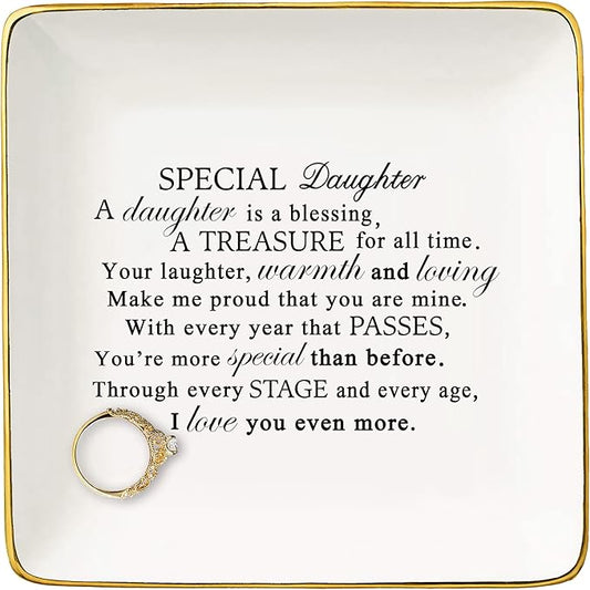Topthink Special Daughter A Is Blessing – Ceramic Jewelry Holder Ring Dish Trinket Tray– Gifts from Mom Or Dad - Birthday Graduation Christmas for Bouns in Law