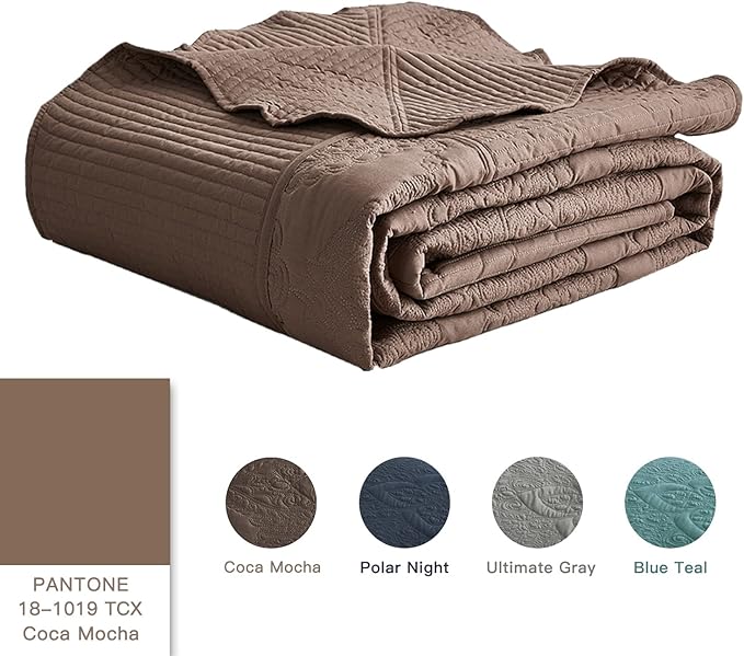 HZ & HY Oversized King Bedspread, Quilted Coverlet Bedding Set, Lightweight Thin Comforter, Reversible, 5 Piece, 100% Microfiber, Mocha