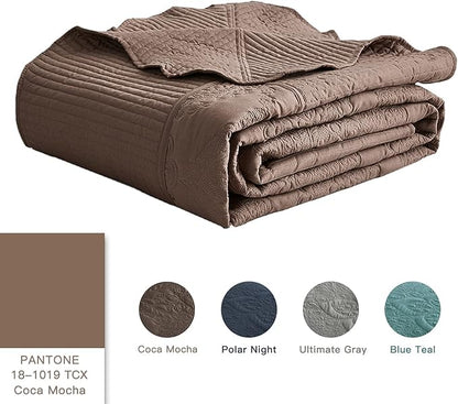 HZ & HY Oversized King Bedspread, Quilted Coverlet Bedding Set, Lightweight Thin Comforter, Reversible, 5 Piece, 100% Microfiber, Mocha