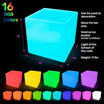 16-Inch LED Storage Cube Decorative Glow Furniture Waterproof Rechargeable RGB Color Changing Ice Bucket Flower Pot Planter w/Remote Party Night Romantic Indoor Outdoor Lighting