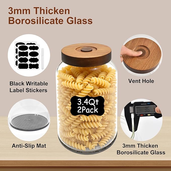 Glass Flour Container Set of 2, Large Glass Canisters with Airtight Lids,Pantry Jar with Anti-Slip Mat and Label,Food Storage Jars for Flour,Sugar,Cereal,Rice,Pasta,Oats, Coffee Beans(3.4 QT/3200 ml)