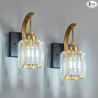 Wall Sconces, Set of 2 Black Gold Crystal Vanity Lights, Modern Wall Lamp for Bathroom, Hallway, and Makeup, Easy Installation