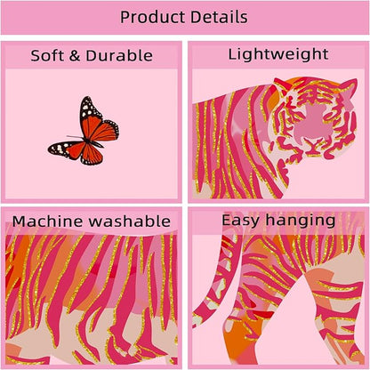 Tiger Aesthetic Tapestry - Pink Butterfly Tapestries, Boho Wall Tapestries, Picnic Sheet Wall Decor Blanket for Girl Bedroomfor Bedroom, Living Room, Dorm - 50 x 60 Inch