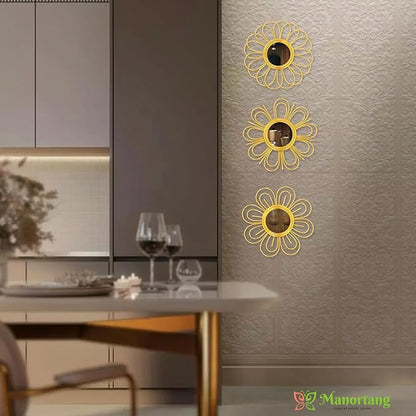 Gold Mirrors 3 Piece, 9 inch Flower-Shaped Mirror Hanging Wall Decor, Christmas Decorative Mirror Wall Art, Round Mirrors for Bedroom,Living Room,Bathroom, House Warming