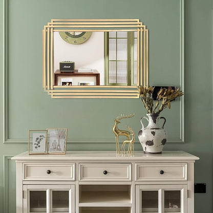 Gold Rectangle Mirror, 24"x18" Modern Vanity Wall Mirror with Metal Mirror, Geometric Art Deco Mirrors for Living Room Bathroom Bedroom Entryway Hallway, Hangs Vertically or Horizontally