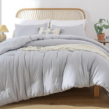 ROSGONIA Oversized King Comforter Light Gray, 3pcs (1 Grey Comforter & 2 Pillowcases), Soft Lightweight Oversized King Size Comforter Sets Bedding