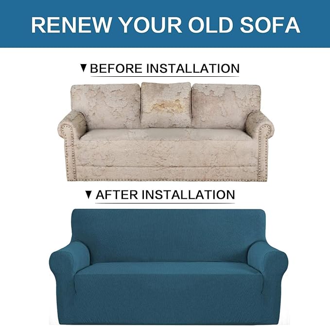 H.VERSAILTEX Stretch Couch Covers for Sofa 1 Piece Slipcovers for Couches and Sofas 3 Seater Couch Cover Feature Thick Checked Jacquard Fabric with Elastic Bottom(Large Sofa 90"-100" Wide, Deep Teal)