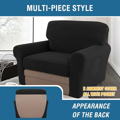 H.VERSAILTEX Multi-Pieces Chair Covers Stretch Couch Covers Form Fitted Seat and Back Cushions Covers (1 Seat Cover Plus 1 Back Cusion Cover, Bonus 2 Armrest Covers), Black