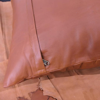 LL LEATHER LOVERS Lambskin Leather Pillow Cover - Sofa Cushion Case - Decorative Throw Covers for Living Room & Bedroom, 16x16 Inches - Camel Antique Plane Pack of 2