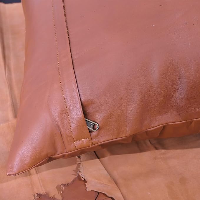 LL LEATHER LOVERS Lambskin Leather Pillow Cover - Sofa Cushion Case - Decorative Throw Covers for Living Room & Bedroom, 18x18 Inches - Camel Antique Plane Pack of 2