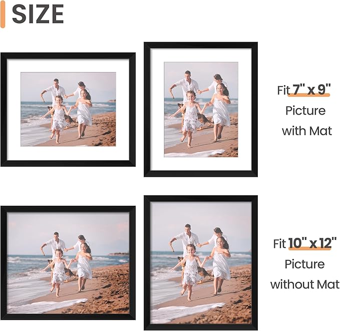 upsimples 10x12 Picture Frame Set of 5, Display Pictures 7x9 with Mat or 10x12 Without, Wall Gallery Poster Frames, Black