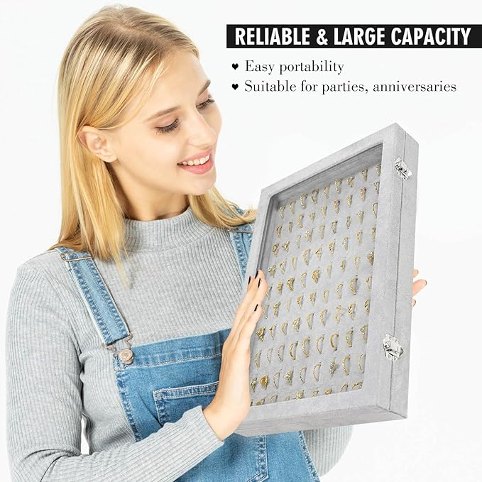 Ring Display Case Organizer Box with Transparent Lid, 100 Slot Ring Organizer Holder Showcase For Store Display Jewelry Show Home (Grey)