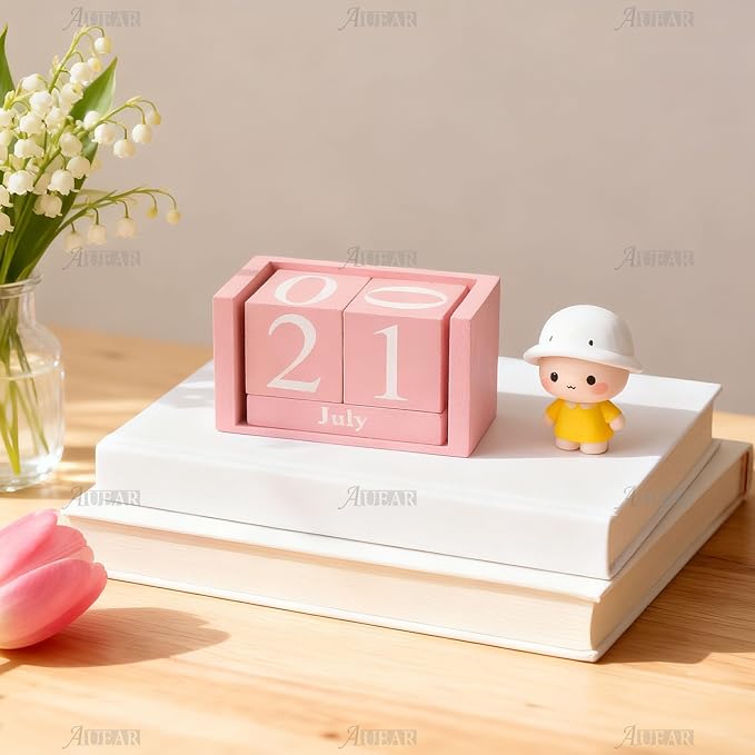 AUEAR, Wooden Block Perpetual Desk Calendar Desktop Cube Rustic Chic Number for Home Office Decoration (Pink, 1 Pack)