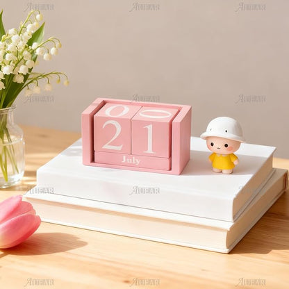 AUEAR, Wooden Block Perpetual Desk Calendar Desktop Cube Rustic Chic Number for Home Office Decoration (Pink, 1 Pack)