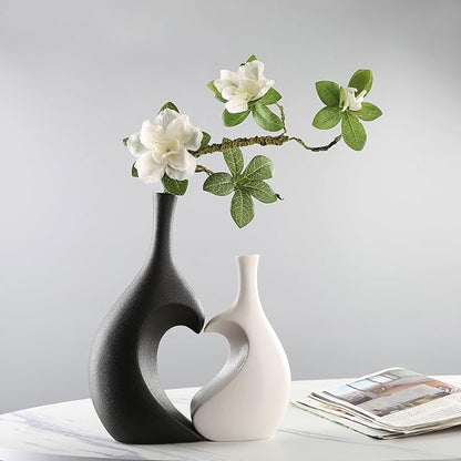 Black Ceramic Vase Set of 2, Heart Shaped vase, Matte Frosted Texture Finish,Farmhouse Decor, Home Decor, Decorative Vase, Vases for Your Bedroom, Office, Living Room, Bathroom (Black)