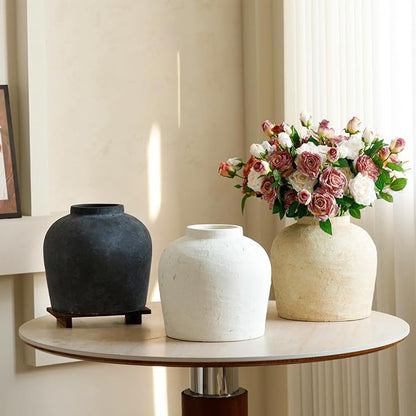 Large Ceramic Vase, 11" Rustic Farmhouse Terracotta Vase for Home Decor, Handicraft Decorative Flower Vase for Living Room, Table Centerpiece, Bedroom (Rustic White)